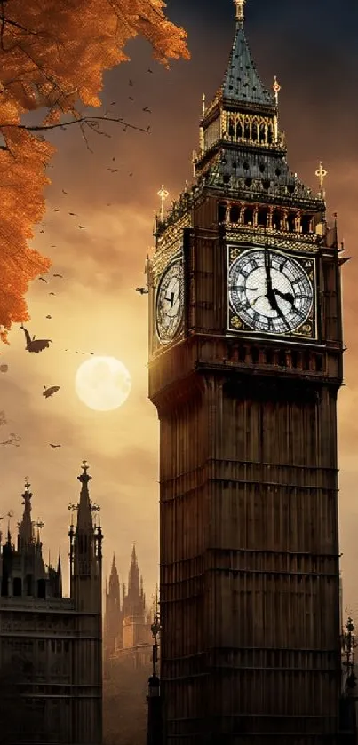 Big Ben at night with gothic elements, a full moon, and fall foliage.