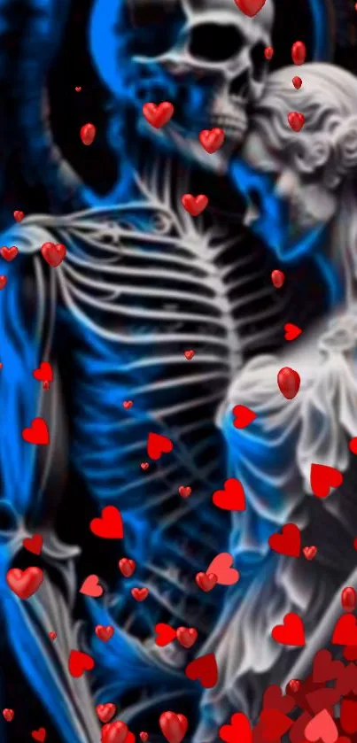 Gothic skeleton and angel with red hearts on a deep blue background.