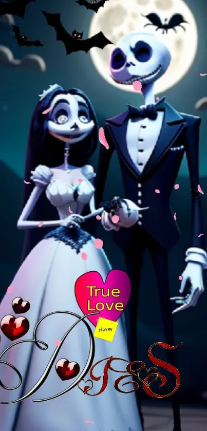 Gothic skeleton couple in moonlight, animated love theme.