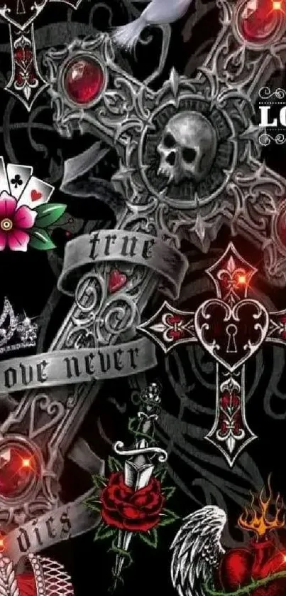 Gothic skull and cross with love-themed designs on a dark background.