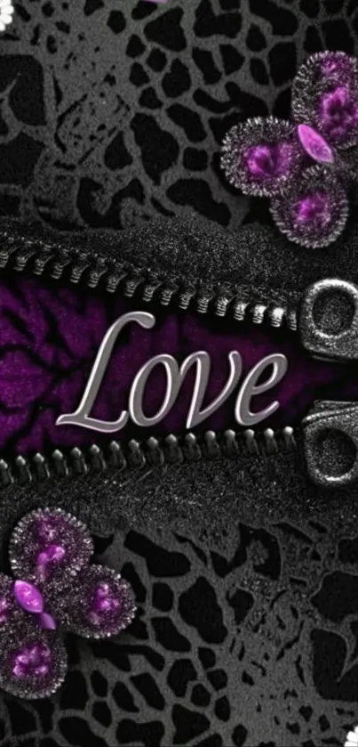 Gothic wallpaper with lace, zipper, and purple butterflies.