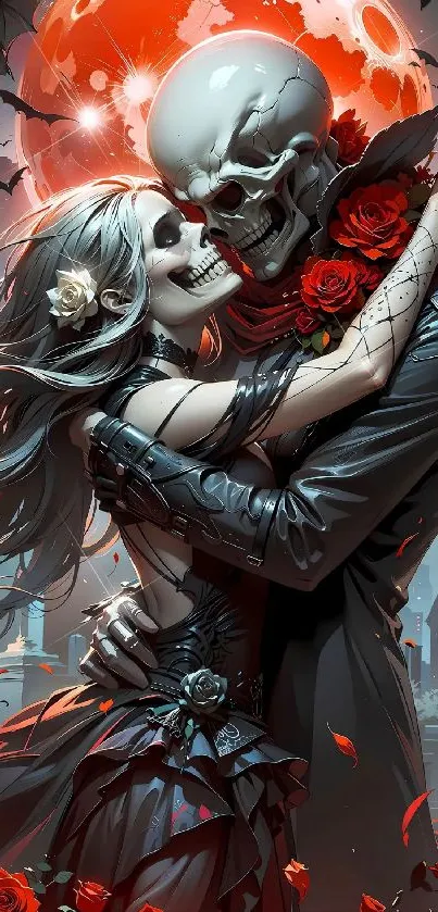 Gothic skeleton couple embrace with red roses under a full moon.