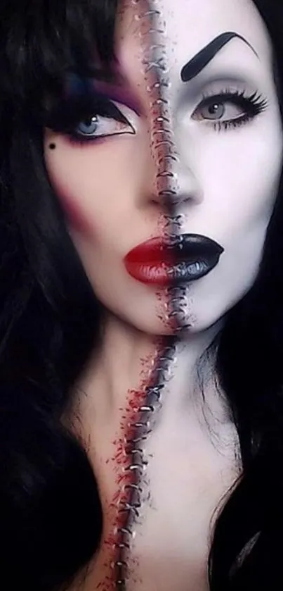 Gothic makeup art with stitched face design.