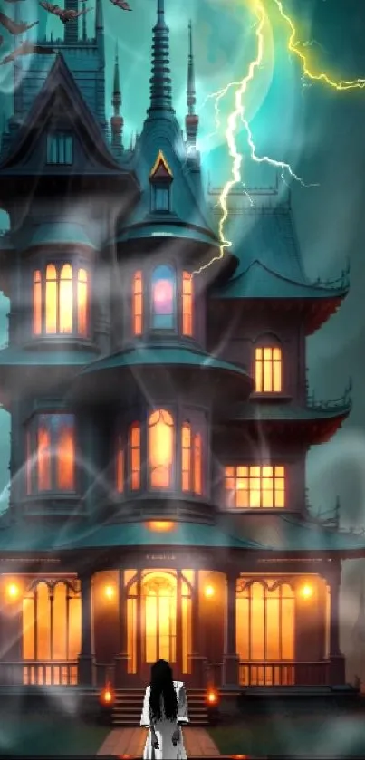 Gothic manor illuminated by lightning in a stormy, mysterious night setting.