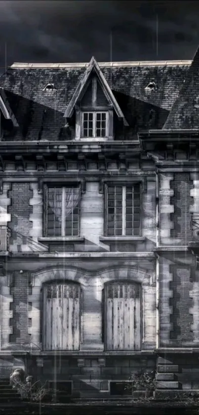 Gothic mansion under a rainy dark sky.