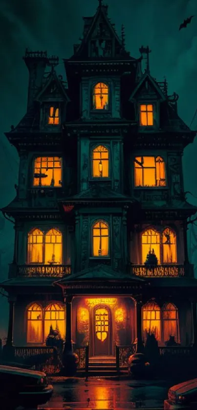 Eerie Gothic mansion with glowing windows at night.
