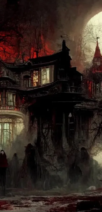 Gothic mansion under a full moon, surrounded by shadows and a dark red sky.