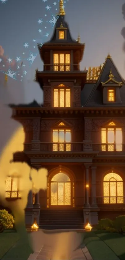 Gothic mansion illuminated under a starry night sky with a mystical ambiance.