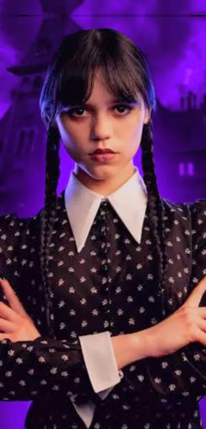 Gothic woman with braided hair in front of a purple-lit mansion.