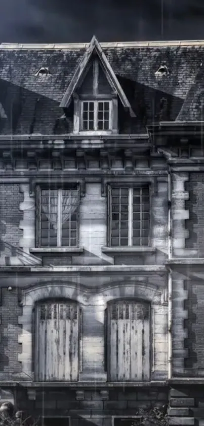 A Gothic mansion with a dark, moody atmosphere set against a rainy backdrop.