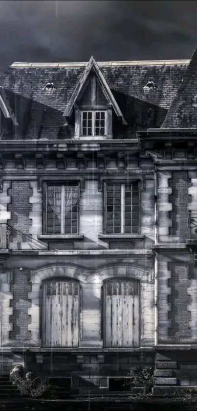 Gothic mansion with haunting atmosphere in black and white tones.