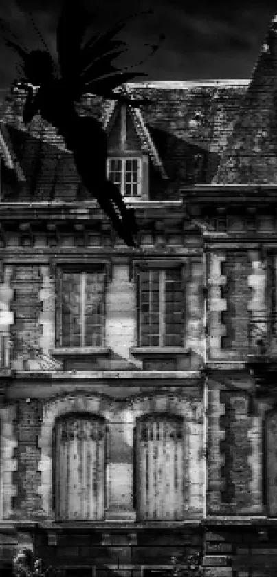 Gothic mansion with a dark, mysterious silhouette in black and white.