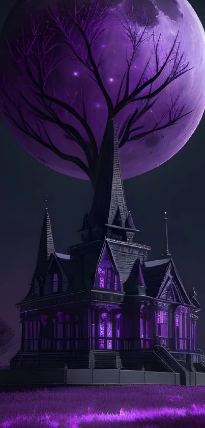 Gothic mansion under a purple moonlit sky.