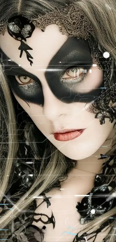 Gothic themed masked figure with ornate lace and captivating eyes.