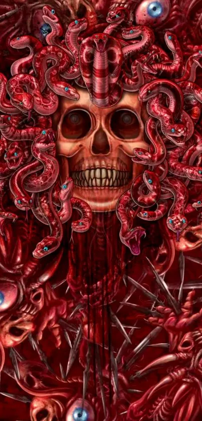 Gothic Medusa skull with snakes, vivid red tones.