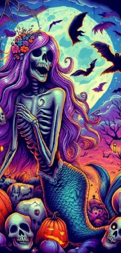 Gothic mermaid in vibrant Halloween scene with purple tones.