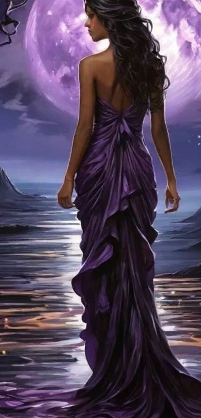 Woman in a purple gown under moonlight, fantasy art.