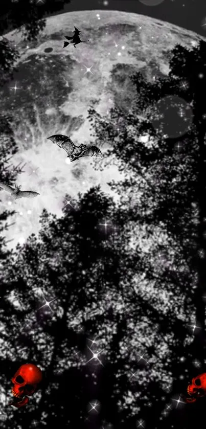 Gothic wallpaper with bats, skulls, and a full moon in a starry night forest.