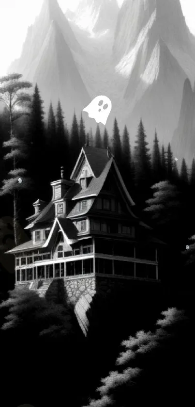 Gothic cabin nestled in mountain setting with pine trees.