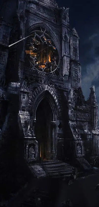 Gothic castle with dark sky and mystical glow.