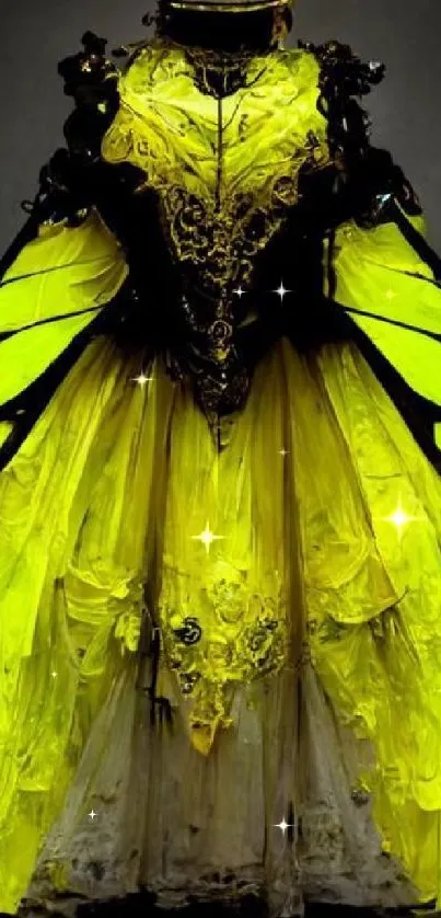 Gothic dress with a neon butterfly theme on a dark background.