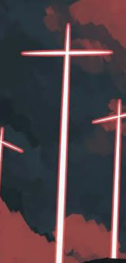 Gothic neon crosses against a dark, cloudy backdrop.