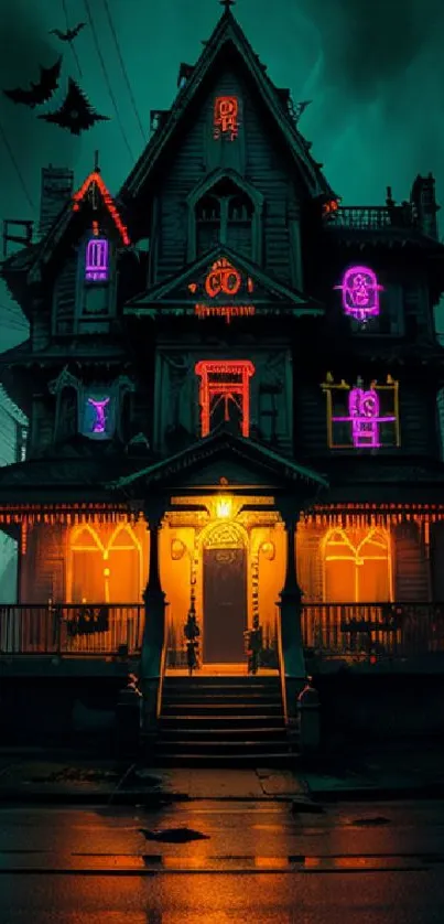 Gothic haunted house with neon lights against a dark teal sky.