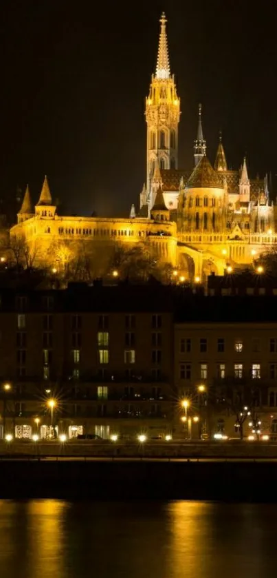 Golden gothic castle illuminated at night with reflections in water.