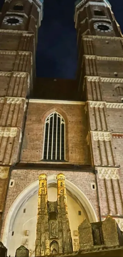 Gothic cathedral with twin spires at night, showcasing architectural beauty.