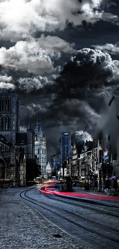 Moody gothic cityscape at night with dark clouds and illuminated streets.