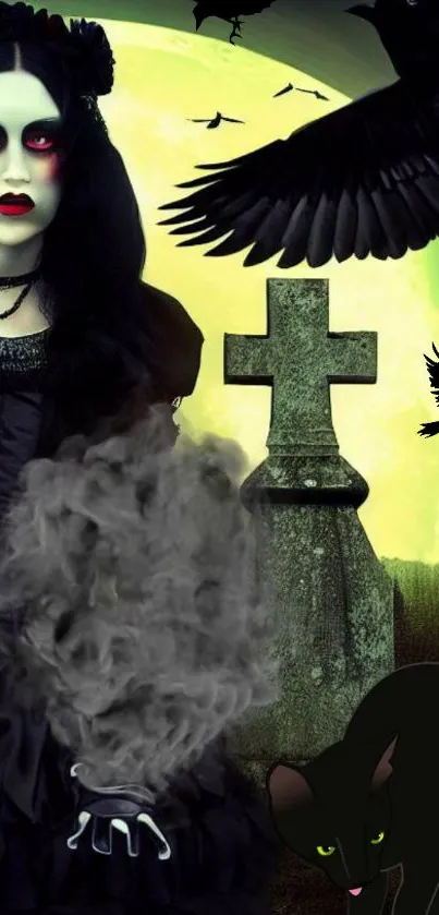 Gothic woman with smoke in cemetery under moonlit sky.