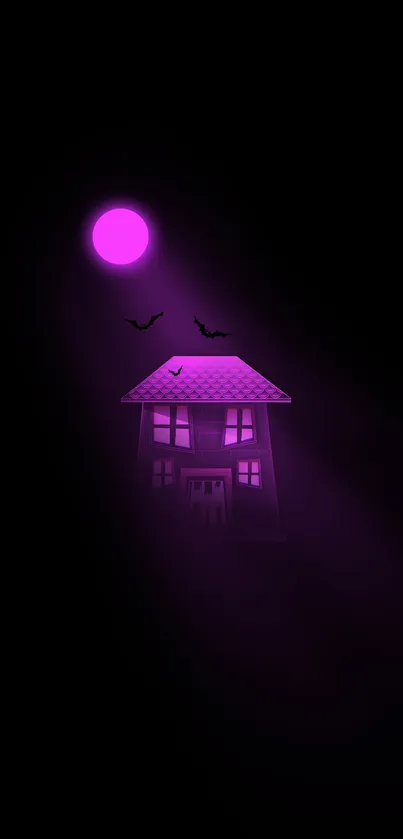 Gothic house under purple moonlight with bats flying at night.