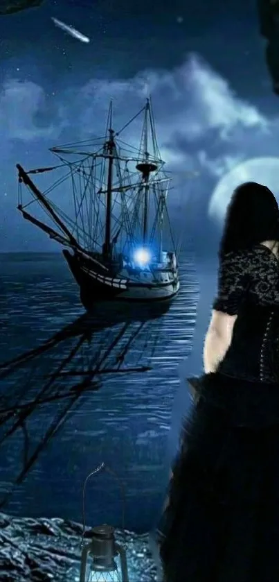 Gothic scene of a woman staring at a ship under the full moon.