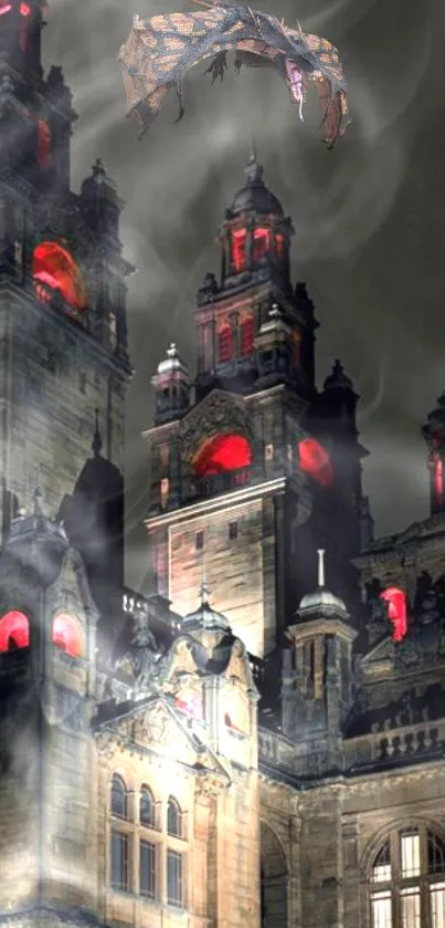 Gothic tower with red lights and dragon in the night sky.