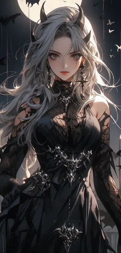 Gothic anime character with moonlit background and bats.