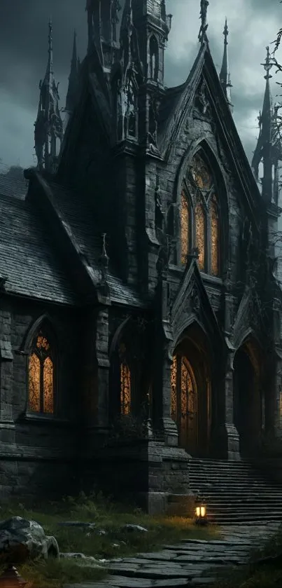 A gothic cathedral at night with glowing windows.