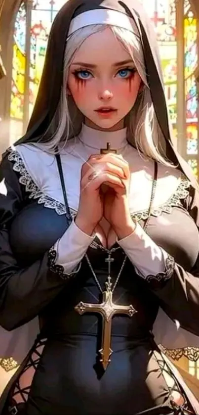 Gothic nun in a cathedral setting, anime art style.