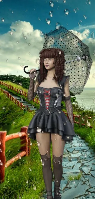 Gothic styled woman with umbrella in a rainy scenic path.