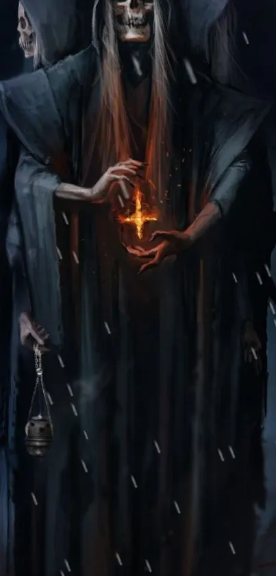 Gothic ghostly figure holding fire in dark cloak.