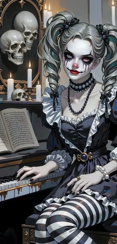 Gothic doll playing piano with skull decor.