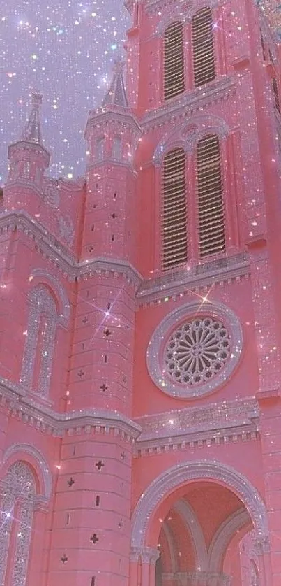 Gothic pink church with stars at dusk.