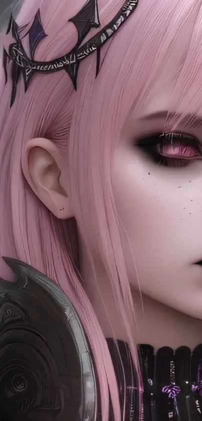 Gothic-inspired fantasy wallpaper with pink-haired character and dark makeup.