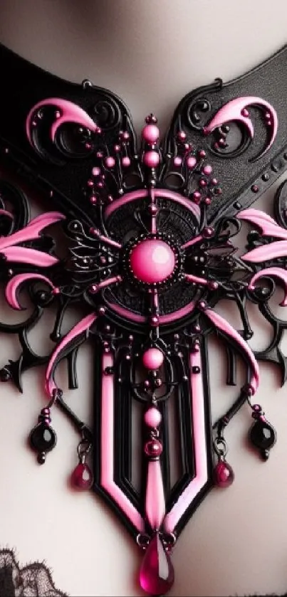 Gothic necklace with pink detailing and intricate design.