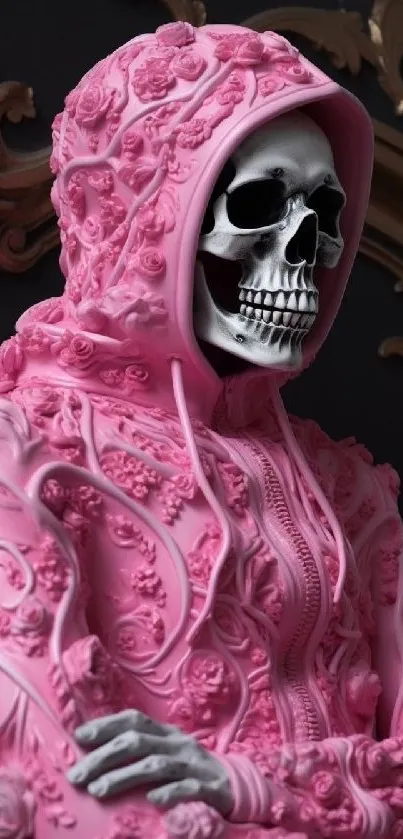 Pink floral hoodie skeleton mobile wallpaper with gothic design.