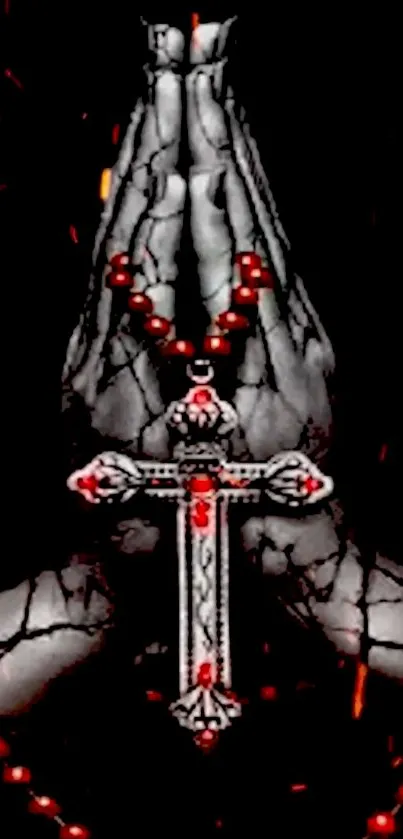 Gothic praying hands with rosary and cross in digital art style.