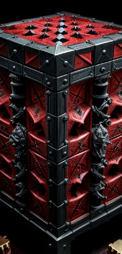 Gothic puzzle box with red and black intricate design.