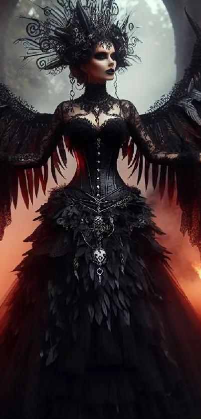 Gothic queen in dark fantasy art with intricate black attire and mystical wings.