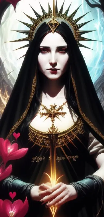 Gothic queen surrounded by roses and mystical symbols in a fantasy setting.