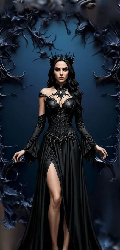 Gothic queen in dark, ornate dress with a mystical backdrop.