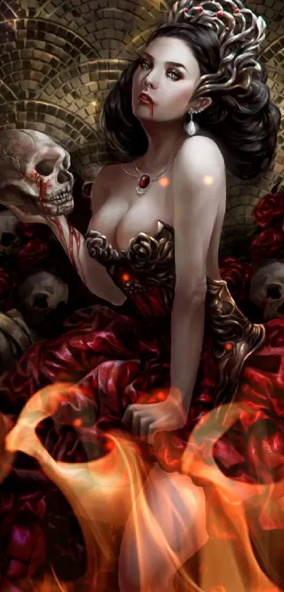 Gothic queen in a red gown on a throne, surrounded by skulls and dim candlelight.